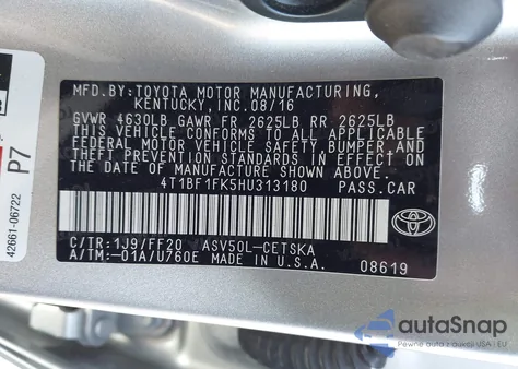 2017 Toyota Camry Se из США, поврежденный, VIN 4T1BF1FK5HU313180